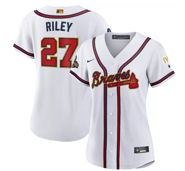 Women's Atlanta Braves #27 Austin Riley 2022 White/Gold World Series Champions Program Stitched Jersey(Run Small) Women's Atlanta Braves #27 Austin Riley 2022 White/Gold World Series Champions Program Stitched Jersey(Run Small)